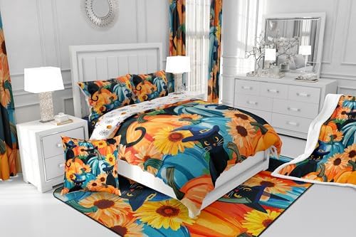 Black Cat Decor Bedding Comforter Sets Halloween Pumpkin Bedding Blue Pumpkin Decor Comforter Set for Girls Boys, Sunflower Gifts for Women Duvet Insert with 2 Pillowcases for Youth Teens, Queen - Image 6