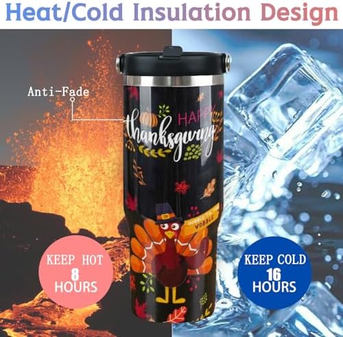 30oz Fall Tumbler with Handle and Flip Straw, Fall Gifts for Women, Reusable Stainless Steel Thanksgiving Tumbler, Insulated Leak Proof Travel Coffee Mug, Thanksgiving Gifts - Image 4