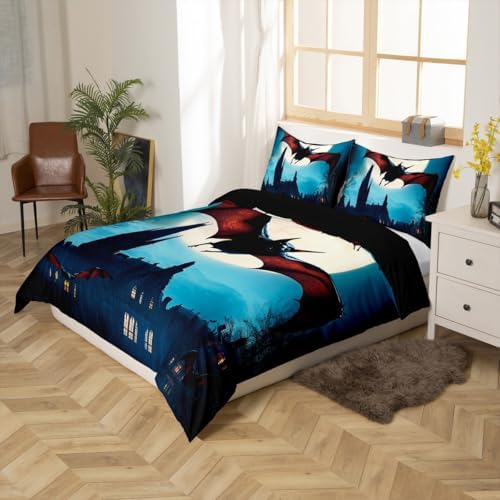 Feelyou Halloween Bedding Set Horror Dark Bats Bedding Duvet Cover Set for Boys Girls Trick or Treat Decor Comforter Cover Set Scary Moon Castles Bedspread Cover Bedroom Quilt Cover 3Pcs Full Size - Image 2