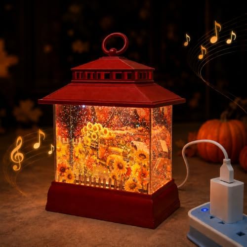 Fall Snow Globe Lantern with Sunflowers, Music, 6 Hours Timer, Fall Decor by Xyvoxme