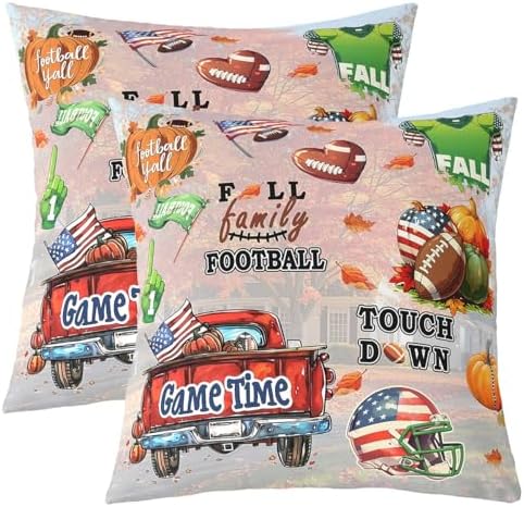Manfei Autumn Sports Pillow Case Covers 2 Pack,Football Rugby Graffiti Pillow Covers 24"x 24" Soft Square,Rustic Fall Pumpkin Maple Leaves Decorative Throw Pillow Covers by Manfei