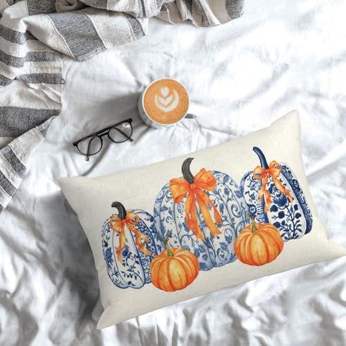 Fall Pillow Covers 12x20 Set of 2 Chinoiserie Blue and Orange Pumpkin Throw Pillows Autumn Thanksgiving Outdoor Fall Decoration Pillowcase Farmhouse Lumbar Cushion Case for Couch Home Decor - Image 5