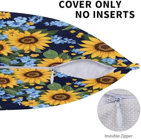 KiuLoam Navy and Yellow Floral Pillow Covers 18x18 Set of 2, Sunflower with Blue Small Flowers Print Decorative Throw Pillow Cases, Vintage Farmhouse Style Outdoor Cushion Covers for Sofa Couch - Image 6