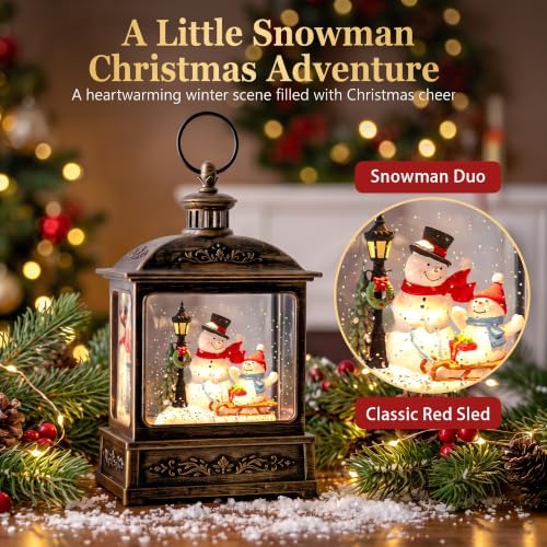 Christmas Snow Globe Swirling Glittering Snowman Duo with Music & Timer, USB Lined/Battery Operated Lighted Water Lantern for Christmas Festival Decoration Gifts - Image 2
