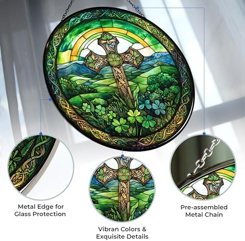 Irish Cross Stained Glass Suncatcher 4 Season Colorful Window Wall Ornament Hand-Painted Glass Panel Decor Gift for Women Christmas Thanksgiving Gift 6.3" - Image 3