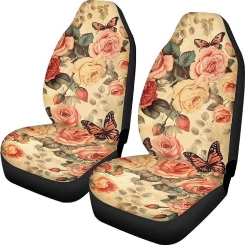 Rose Car Seat Covers for Women Lady,Vintage Rose Floral Butterfly Auto Bucket Seat Protection Pads Easy to Install Universal Fit Most Vehicle SUV Truck,Rose Car Accessories