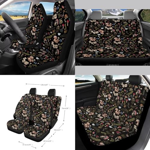 Cottagecore Mushroom Snail Moth Fern 15Pcs Car Seat Cover Full Set Car Steering Wheel Cover Seat Belt Cover Trash Bin Air Vent Storage Box Front Rear View Mirror Car Cup Holder Keychain