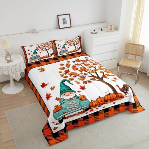 Erosebridal Gnome Bedding Set Queen Size Fall Pumpkin Comforter Set Thanksgiving Chicken Turkey Autumn Harvest Down Comforter for Boys Child Teens Maple Leaves Duvet Set Nature Grid Room Decor - Image 5