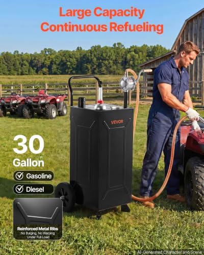 VEVOR 30 Gallon Fuel Gas Caddy, Carbon Steel, Portable Fuel Transfer Storage Tank with Manual Pump & 2 Wheels, Gasoline Diesel Can Container, for Cars, Lawn Mowers, ATVs, Boats, Motorcycles, Black - Image 2