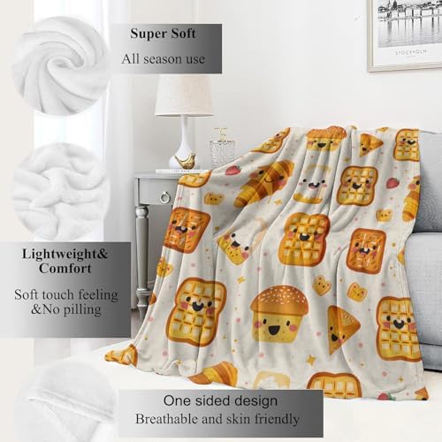 Cute Bread Blanket Breakfast Pastries Throw Blankets,Birthday Gifts for Kids Women,Lightweight Soft Fleece,with Waffle Croissant and Muffin,Sofa Couch Bed Room Thanksgiving Decor 60x80in - Image 2