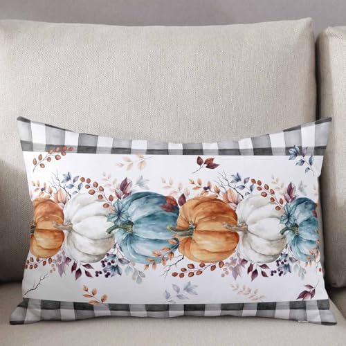 Pillow Covers 20x30 Inch - Queen Fall Blue Orange and White Pumpkin Black Plaid Soft Brushed Microfiber Pillowcases with Hidden Zipper Closure Bed Pillow Shams for Bedroom Sofa Car - Image 3