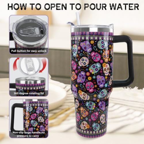 Halloween Day of the Dead Tumbler with Handle 40oz Sugar skull Coffee Travel Mug Stainless Steel Insulated Cups Halloween Dia De Los Muertos Altar Decor Gifts - Image 5