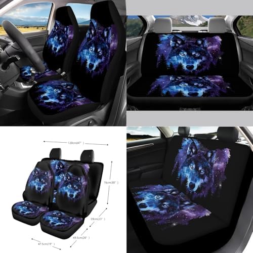 Wolf Galaxy Forest Print Car Seat Covers 15Pcs Full Set Car Steering Wheel Cover Seat Belt Cover Trash Bin Air Vent Storage Box Rear View Mirror Car Cup Holder Keychain
