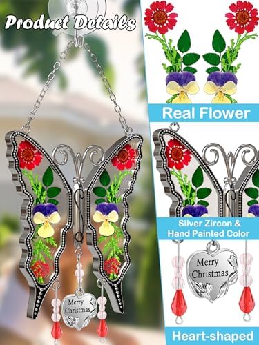 KY&BOSAM Butterfly Suncatcher Merry Christmas Stained Glass Ornaments for Window Hanging Wind Chime with Pressed Flower Between Wings Glass and Metal Charm Gifts for Women Mom - Image 4