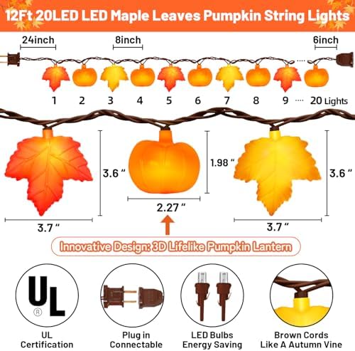 Fall Decor - 12Ft 20 LED Maple Leaf Pumpkin String Lights Plug in, 3D Fall String Lights Orange Yellow Leaves & Pumpkin Lights for Indoor Outdoor Home Autumn Decor & Thanksgiving Decorations, 0.07W - Image 4