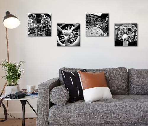 Vintage Airplane Canvas Wall Art, B&W Cockpit Print 12×12 Inch, 4 Panel Set - Image 2