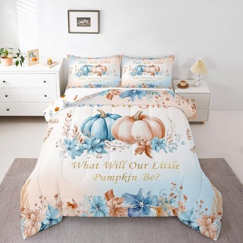 Erosebridal Pumpkins Eucalyptus Leaves Kids Bedding | Fall Comforter Sets King,Autumn Thanksgiving Comforter Blue Pumpkin Decor Duvet Insert with 2 Pillow Cases by Erosebridal