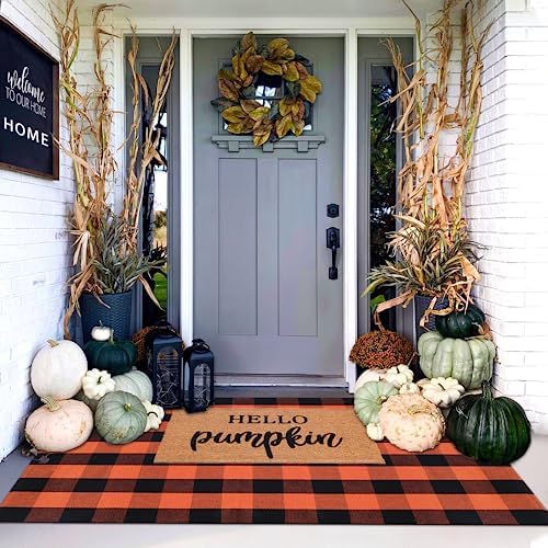 Orange and Black Plaid Rug, 4' x 6' Fall Outdoor Front Door Decor Mat, Cotton Washable Hand-Woven Rug for Layered Doormat, Autumn Halloween Thanksgiving Carpet for Porch, Entryway - Image 3