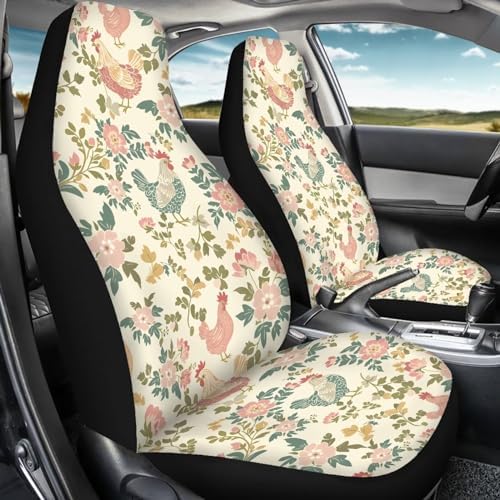 Talayituse Rooster Chicken Flower Print Car Seat Cover Front Seats Only Full Set of 2, Universal Bucket High Back Car Front Seat Covers