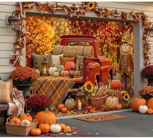 Fall Garage Door Cover 8x7ft Red Truck Pumpkin Scarecrow Harvest Decor - Image 7