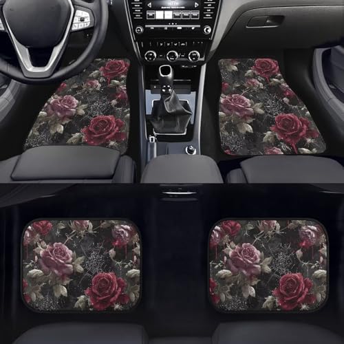 Rose Car Floor Mats All Weather, Gothic Blood Stain 1st & 2nd Row Car Mats Interior Carpet, Garden Spider Web Floor Mats for Cars Universal for Sedan Car Truck