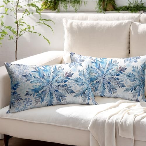 Christmas Pillow Covers 12x20 Set of 2 Decorations Blue White Snowflakes Throw Pillow Covers Decorative Vintage Winter Pillow Case Farmhouse Rustic Pillowcases Cozy Soft for Sofa Bed Chair Home Decor - Image 3