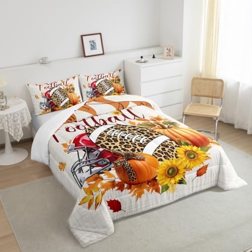 Homewish American Football Comforter Set Fall Pumpkin Sunflowers Bedding Queen Size,Cartoon Sports Games Quilt for Kids Boys Girls Room Decor Rustic Botanical Duvet Insert 3Pcs,TYTS8656ZMD-BZ_USq - Image 6