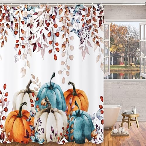 Fall Shower Curtain, Watercolor Autumn Leaves Pumpkins Harvest Fruits Thanksgiving Day Bathroom Curtain Waterproof Fabric Machine Washable with Hooks, 48" Wx72 L - Image 3