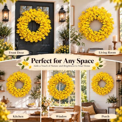 24 Inch Fall Wreath for Front Door Full Yellow Forsythia Wreath - Image 5