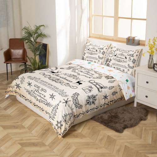 Merry Christmas Kids Duvet Cover Set Twin Size,Deer Snowflake Rustic Farmhouse Bedding Set,Girls Boys Adults Room Decor,Christmas Trees Flowers Comforter Cover,Brown Retro Quilt Cover,1 Pillowcase - Image 5