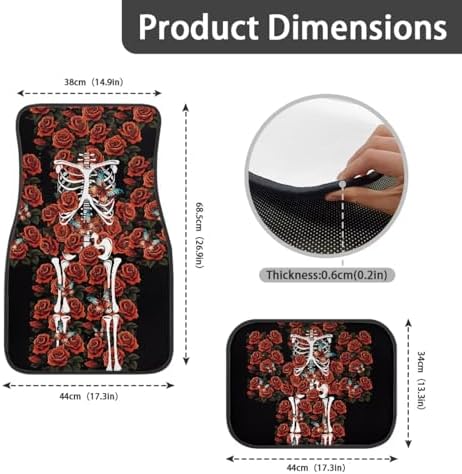 Black Red Rose White Skeleton Print Funny Halloween Car Floor Mats 4 PCS, Cute Durable Interior Accessories for Car SUV, All Weather Floor Mats with Front Rear Trunk Liners Set for Party