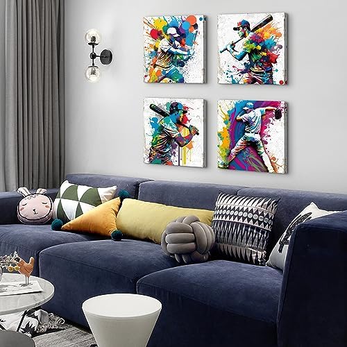Sports Decor for Boys Room Watercolor Baseball Wall Art Pop Baseball Athletes Pictures Canvas Prints Modern Artwork Mens Bedroom Colorful Painting Office Study Living Room Home Decorations 20x20” 4Pcs - Image 2
