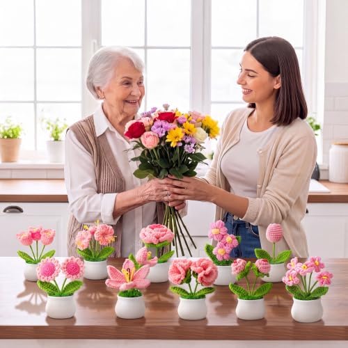 Suncalla 10 Pcs Pink Crochet Flowers Pot Bulk Thank You Gifts Crochet Plant - Image 5