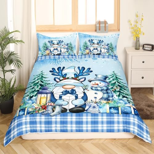 Merry Christmas Kids Duvet Cover Set Twin Size,Cartoon Santa Claus Snowman Snowflake Bedding Set,Girls Boys Adults Room Decor,Geometric Grids Pine Comforter Cover,Blue Cute Quilt Cover,1 Pillowcase - Image 2