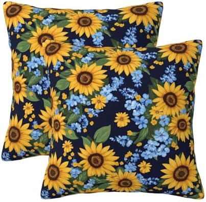 KiuLoam Navy and Yellow Floral Pillow Covers 18x18 Set of 2, Sunflower with Blue Small Flowers Print Decorative Throw Pillow Cases, Vintage Farmhouse Style Outdoor Cushion Covers for Sofa Couch by KiuLoam