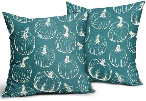 Teal Fall Pumpkin Pillow Covers 22x22 Set of 2 Autumn Themed Thanksgiving Cream Print Decorative Throw Pillows Outdoor Pillowcase Farmhouse Linen Cushion Case Decor for Home Sofa Couch Bed - Image 2