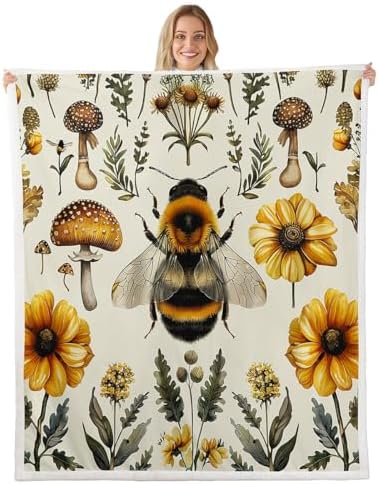 Honeybee Flowers Sherpa Blanket Wild Bee Animal Mushroom Throw Blanket Bedroom Living Room Soft Cozy Retro Rustic Blankets Decor for Bed Couch Sofa Yellow Black Green Flannel Blankets 30"x40" by CastleFairy
