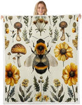 Honeybee Flowers Sherpa Blanket Wild Bee Animal Mushroom Throw Blanket Bedroom Living Room Soft Cozy Retro Rustic Blankets Decor for Bed Couch Sofa Yellow Black Green Flannel Blankets 30"x40" by CastleFairy