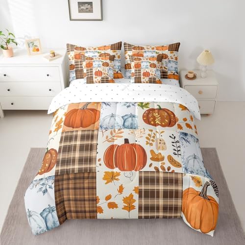 Erosebridal Patchwork Autumn Fall Queen Comforter Set 7 Piece Blue Orange Pumpkin Bed in A Bag Farmhouse Buffalo Plaid Thanksgiving Bedding Set for Kids Adults Maple Leaf Sheet Set with Comforter - Image 2