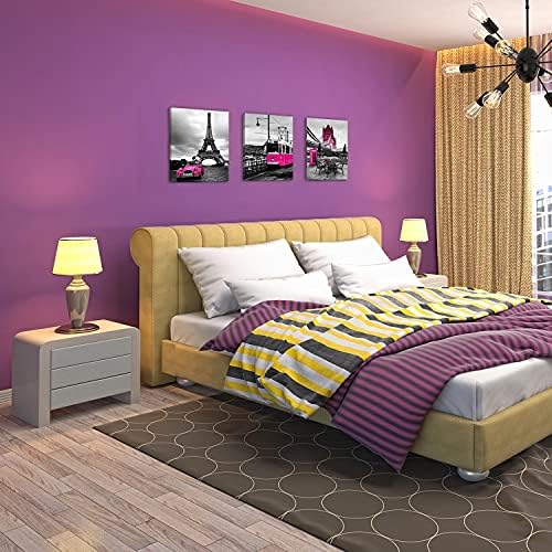 sunfrower Hot Pink Paris Canvas Wall Art Prints Bathroom Bedroom Decor Eiffel Tower Cityscape Posters for Girls Room Decorations Lover Tele Booth Bus Car Street Painting Picture Artworks 12×16" 3 Pcs - Image 5
