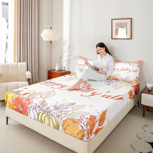 Watercolor Fall Pumpkin Bed Sheets ,Happy Harvest Thanksgiving Sheet Set For Full Bed,Autumn Maple Leaf Botanical Bedding Set Fall Rustic Farmhouse Fitted Sheet Orange Flat Sheet 2 Pillow Case - Image 7