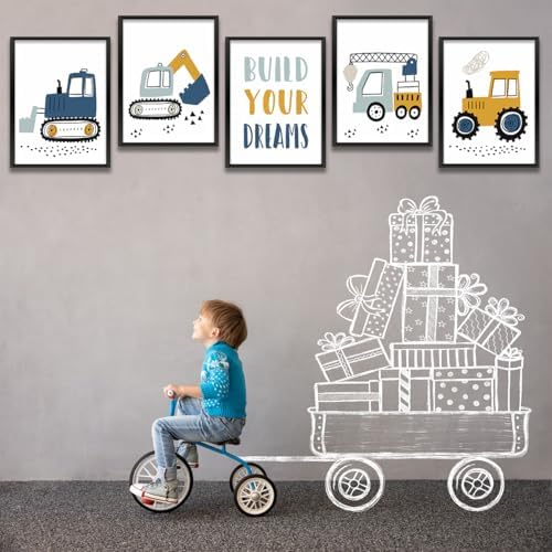 Construction Truck Prints Wall Art Nursery Decor Boys Room Decor Cute Toddler Vehicle Tractor Pictures Paintings Artwork for Home Bedroom Playroom Baby Nursery Wall Decoration (8"x10"，6Pcs, Unframed) - Image 2