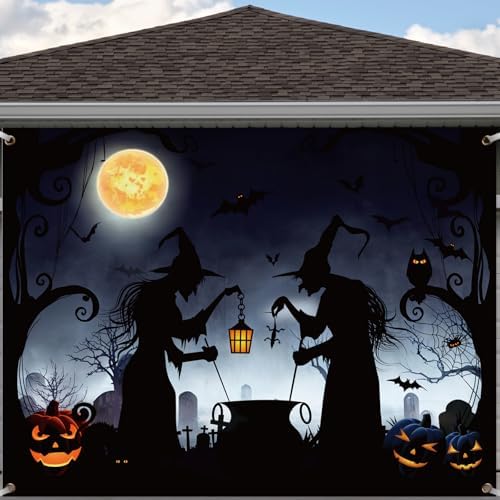 Preboun Halloween Garage Door Cover Banner Decor Witch Silhouette 7 x 9 ft by Preboun