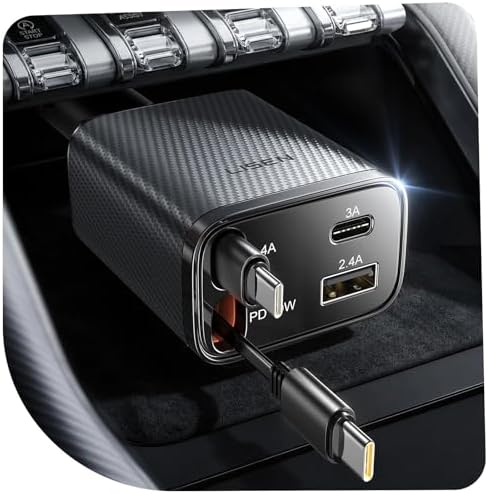 LISEN Retractable Car Charger USB C [Upgraded Dual Type C] 75W Fast 4 in 1 Car Charger for iPhone 17, Gifts for Him Her Men Women, Carbon Black