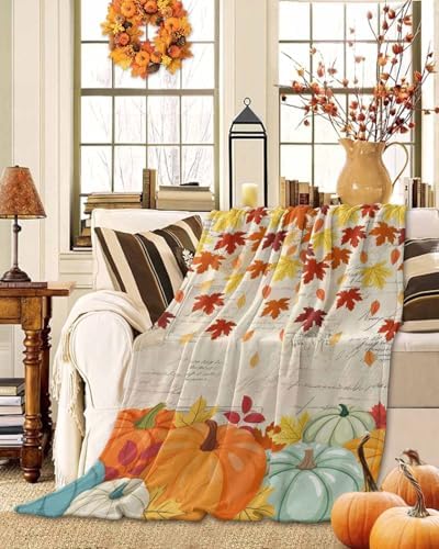 DecorLovee Orange Fall Blanket 50"x60", Reversible Thanksgiving Pumpkins Throw Blanket for Couch/Bed/Camping, Maple Leaf Retro Lightweight Soft Throw Blankets for Women, Warm Fuzzy Blankets for Winter - Image 2