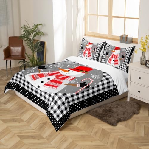 Cute Snowman Kids Duvet Cover Set King Size,Merry Christmas Snowflake Xmas Bedding Set,Girls Boys Adults Room Decor,Geometric Grids Dots Fashion Comforter Cover,Black White Quilt Cover,2 Pillowcases - Image 5
