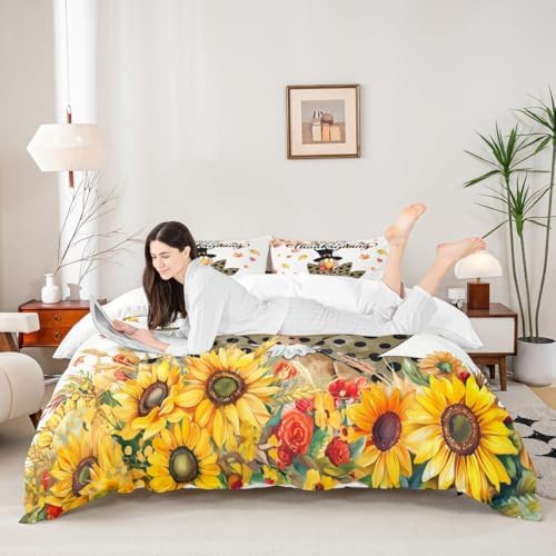 Happy Thanksgiving Kids Duvet Cover Set Queen Size,Cartoon Turkey Sunflowers Bedding Set,Girls Boys Adults Room/Cabin Decor,Fall Maple Leaves Comforter Cover,Rustic Farm Quilt Cover,2 Pillowcases - Image 2