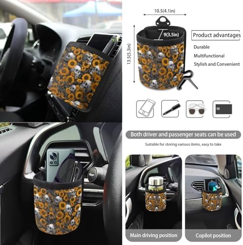 Gothic Skulls Sunflower Print 15Pcs Car Seat Cover Full Set Car Steering Wheel Cover Seat Belt Cover Trash Bin Air Vent Storage Box Front Rear View Mirror Car Cup Holder Keychain
