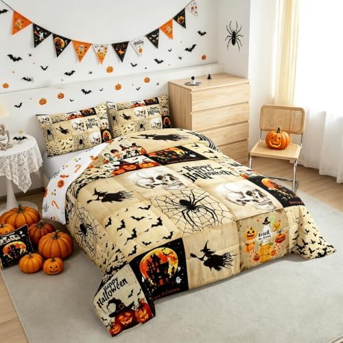Homewish Happy Halloween Comforter Set Queen Size,Kids Pumpkin Lantern Witch Bat Skull Spider Web Bedding Set Brown Grid Patchwork Quilt Set Vintage Gothic Duvet Insert Boys Girls Bedroom Decor 3Pcs - Image 2