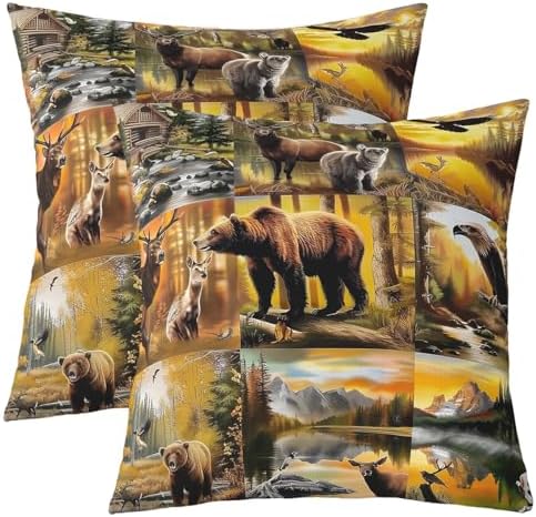 Manfei Bear Deer Double Sides Print Pillow Covers,Rustic Lodge Cabin Wild Animal Throw Pillow Case Covers,Jungle Hunting Aventure Brown Plaids Patchwork 20"x 20" Cushion Covers,Pack of 2 by Manfei